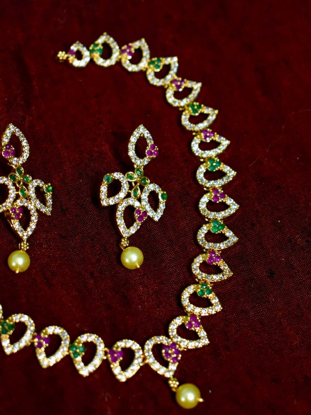 Lerora – Leaf Pink and Green Design Gold AD Necklace Set LJ4 - Image 2