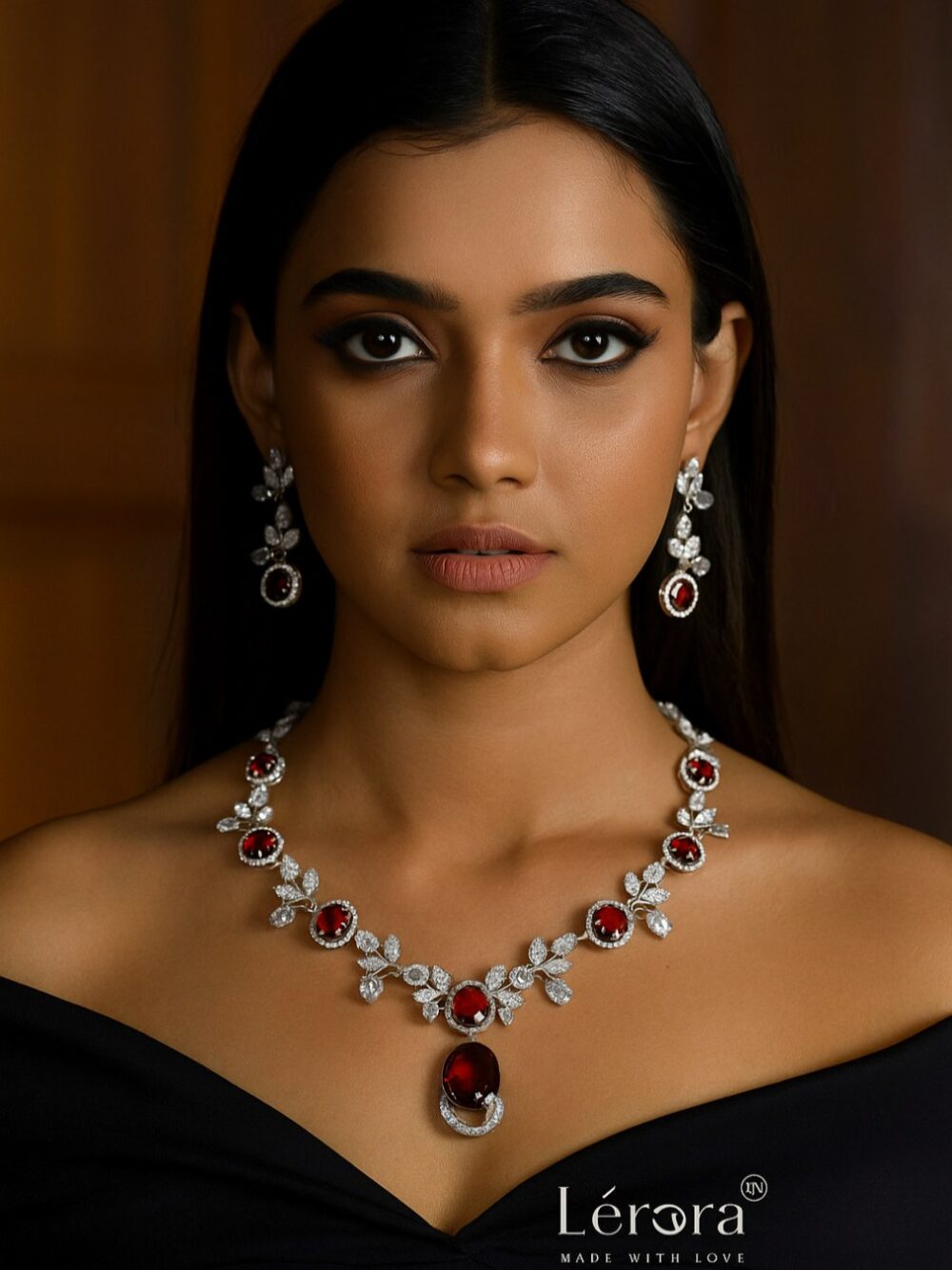 Lerora Stunning red American Diamond Jewelry Set