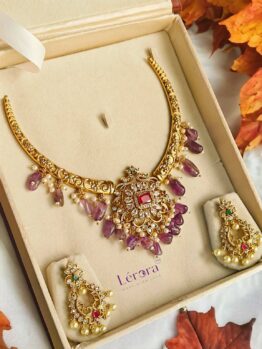 Lerora Purple Beads AD Gold Pendant Set LJ1 – Elegant Gold-Plated Jewelry with Sparklin